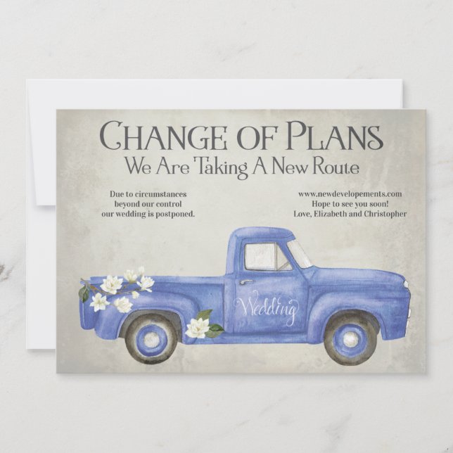Faire-part Changement de plans reporté vieux camion bleu (Devant)