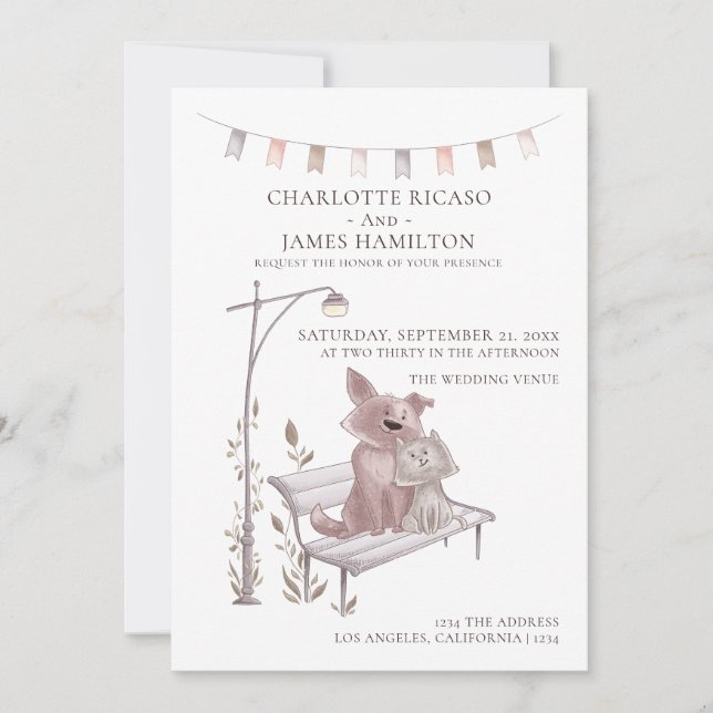 Faire-part Chat et chien sur un banc animal Mariage à thème (Devant)