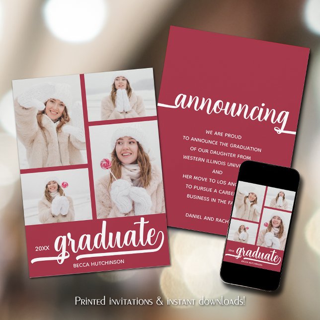 Faire-part Chic 4 Photo Crimson Red Graduation (Chic 4 Photo Crimson Red Graduation Announcements)