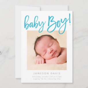 Faire-part CHIC BABY PHOTO moderne garçon aqua écriture scrip