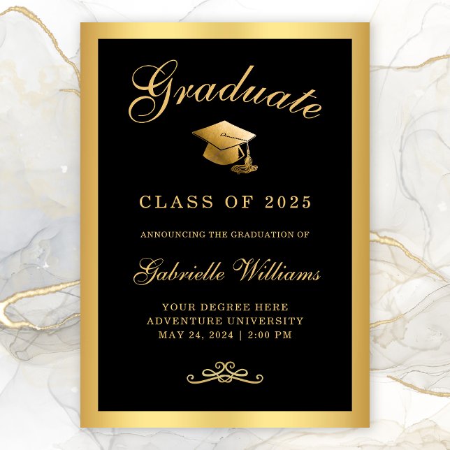 Faire-part Chic Black Gold Frame Script Graduation (Chic Black Gold Border Typography Graduation Announcement)