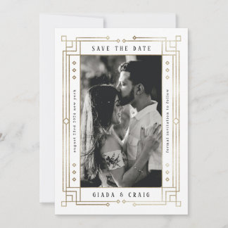 Faire-part Chic Blanc Faux Gold Foil Art Déco Enregistrer la 