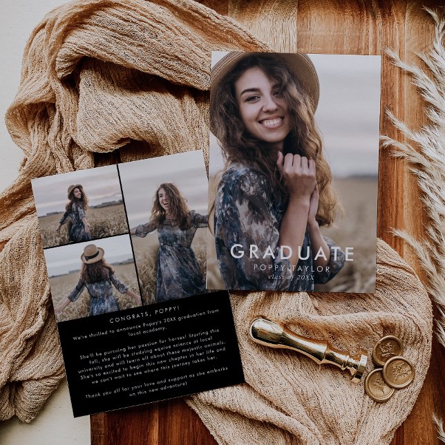 Faire-part Chic Dark Black Message Photo Collage Graduation (Créateur téléchargé)