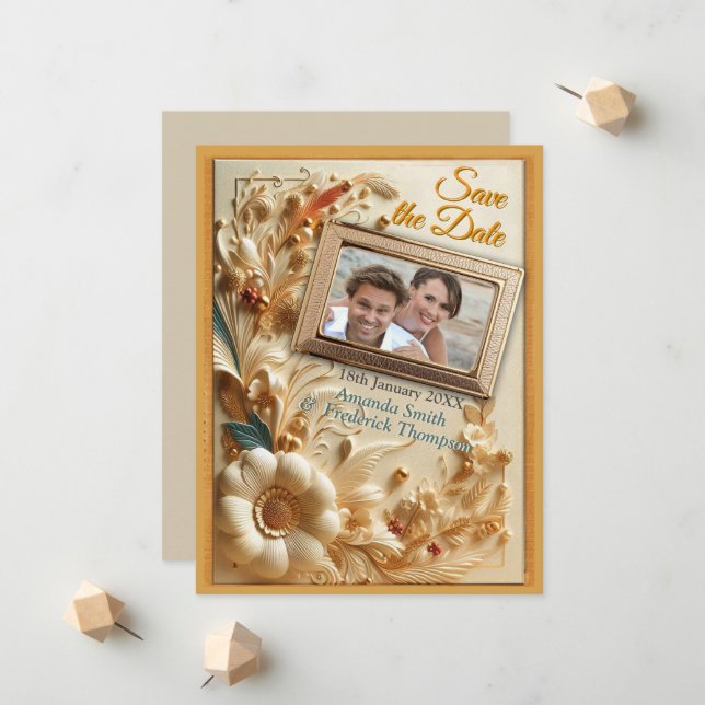 Faire-part Chic, Elegant Crèmes & cuir texture fleur look (Devant/Arrière en situation)