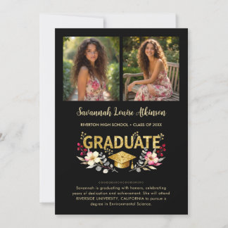 Faire-part Chic Floral Graduation Photo Collage Gold Script