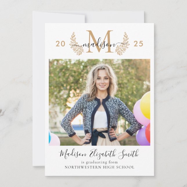Faire-part Chic Gold Monogramme Girly Script 2 Photo Graduati (Devant)