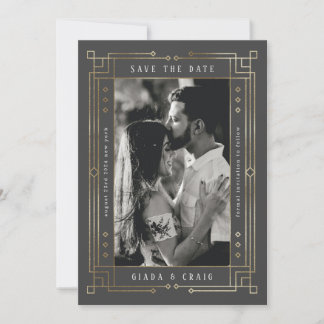 Faire-part Chic Grey Faux Gold Foil Art déco Enregistrer la d