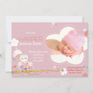 Faire-part Chouettes mignonnes Pink Baby Girl Photo Naissance
