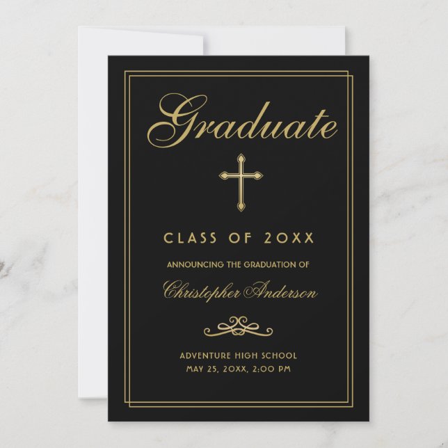 Faire-part Christian Graduation Black Gold Cross Script (Devant)