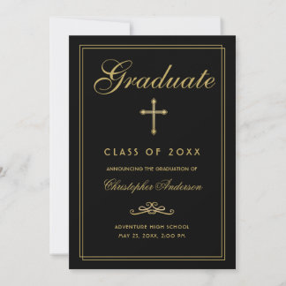 Faire-part Christian Graduation Black Gold Cross Script