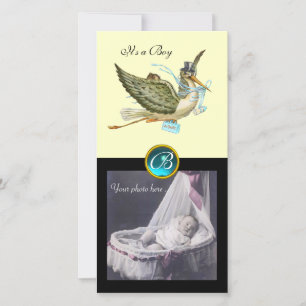 Faire-part CIGOGNE BABY SHOWER MONOGRAMME CARRÉ aquamarine cr