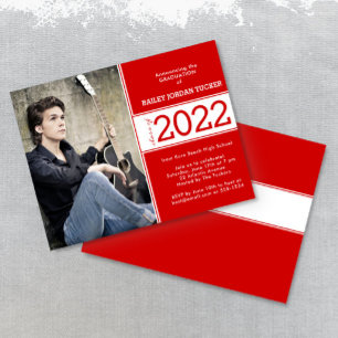 Faire-part Classe Bold Année Rouge Blanc Photo Graduation