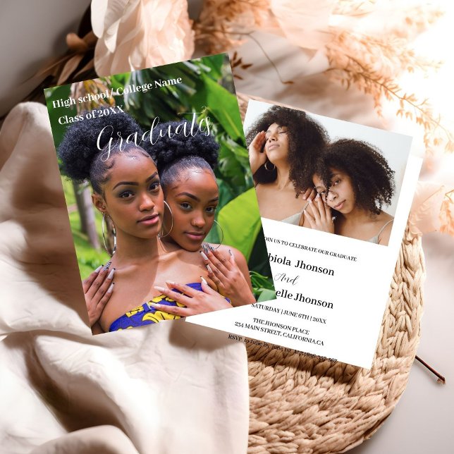 Faire-part Classe de 2023 white script Double graduation (Créateur téléchargé)