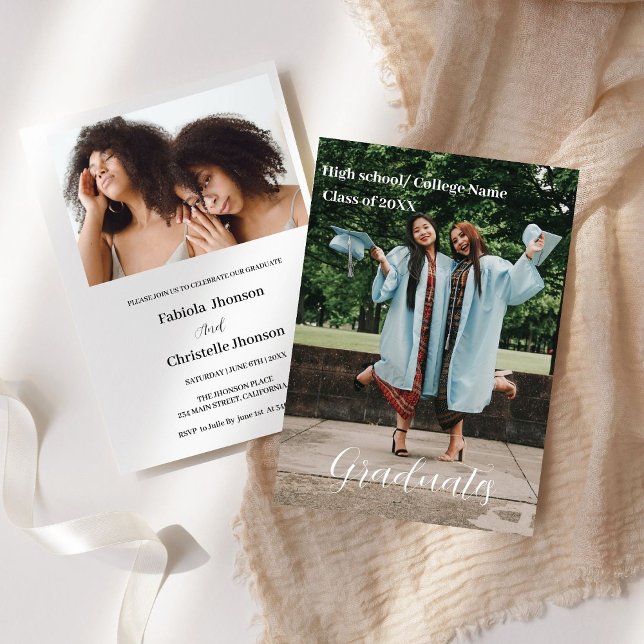 Faire-part Classe de 2023 white script Double graduation An (Créateur téléchargé)