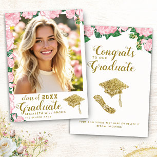 Faire-part Classe de 2025 Pink White and Gold Photo Graduatio