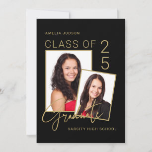 Faire-part Classe De 25 Photo Black & Gold Script Graduation