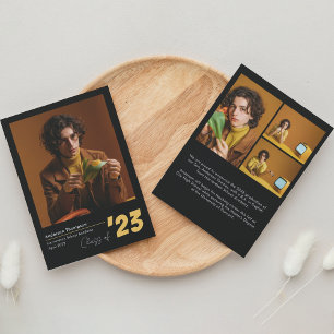 Faire-part Classic Black Gold Script Photo Collage Graduation