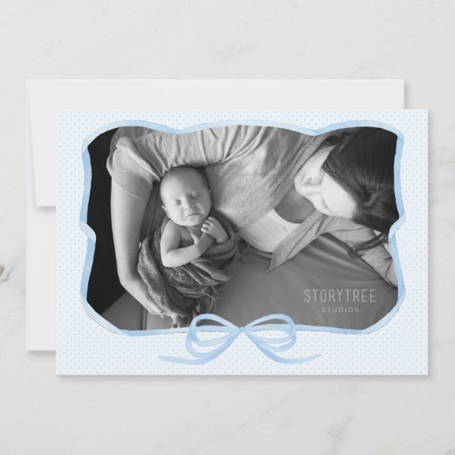 Faire-part Classic Blue Ribbon Bow Baby Boy Birth Photocard (Devant)