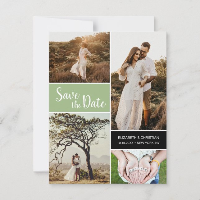 Faire-part Classic Sage Green Photo Collage Enregistrer la da (Devant)