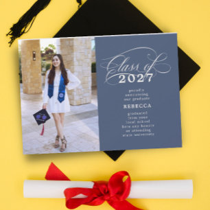 Faire-part Classic Script Blue Photo Graduation