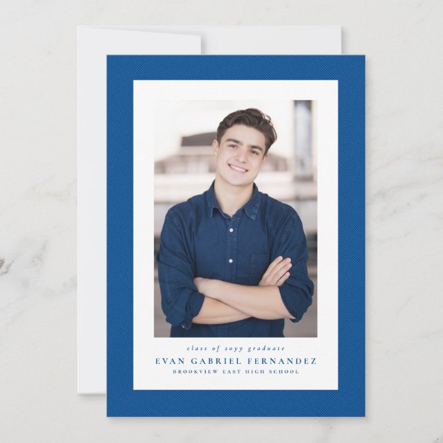 Faire-part Classic tweed frame simple bleu photo graduation (Devant)