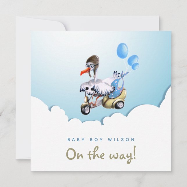 Faire-part Classique moderne Funny Stork Scooter Garçon Gross (Devant)
