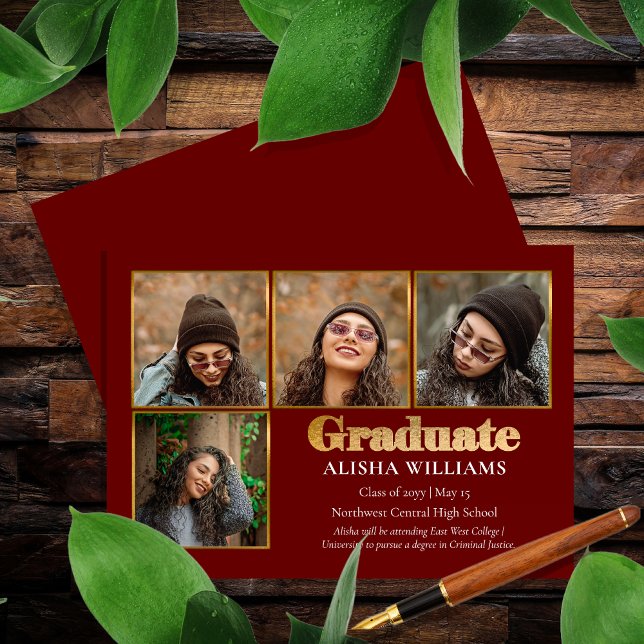 Faire-part Classy Elegant Gold Text Graduate 4 Photo (Classy Elegant Gold Tone Text "Graduate" 4 Photo Graduation Announcement -- Print | Digital Download)