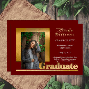 Faire-part Classy Elegant Gold Texte Gradué 1 Photo Maroon