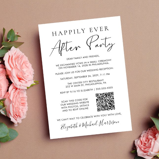 Faire-part Code QR de la soirée photo de mariage Happily Ever (Input your wedding website address to automatically generate a scannable QR code)