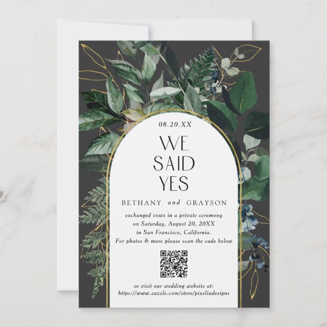 Faire-part Code QR, Elégant Mariage de verdure botanique mode (Devant)