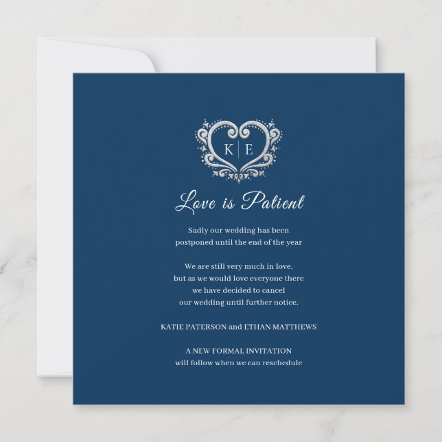Faire-part Cœur monogramme mariage annulé amour patient bleu (Devant)