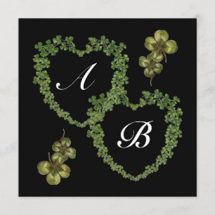 Faire-part COEURS DE SHAMROCK VERT MONOGRAMME noir blanc viol