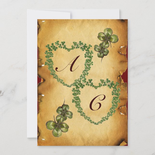 Faire-part COEURS shamrocks MONOGRAMME PARCHEMENT glace (Devant)