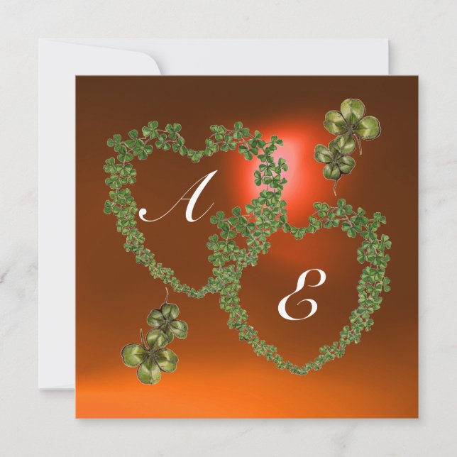 Faire-part COEURS SHAMROCKS VERTS MONOGRAMME blanc, orange (Devant)