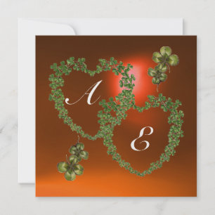 Faire-part COEURS SHAMROCKS VERTS MONOGRAMME blanc, orange