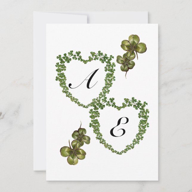 Faire-part COEURS SHAMROCKS VERTS MONOGRAMME glace blanc viol (Devant)