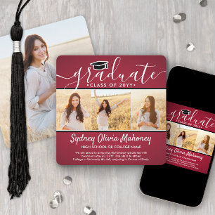 Faire-part Collage de fin d'études moderne 4 photos rouge bla