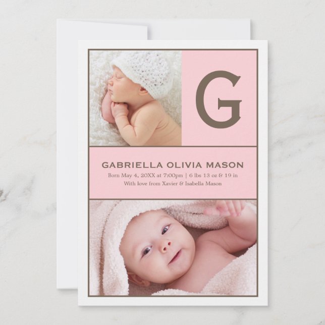 Faire-part Collage initial | Rose (Devant)