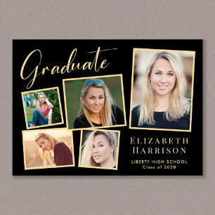Faire-part Collage photo moderne Black Gold Graduation