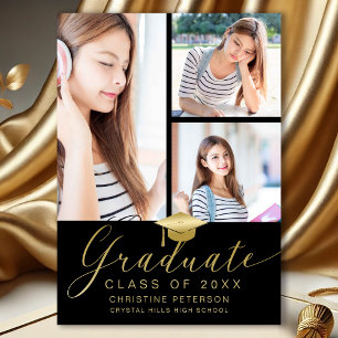 Faire-part Collage photo moderne Gold Script Black Graduation