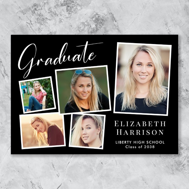 Faire-part Collage photo moderne Graduation noire (Cherish the milestone: share your graduate's achievement with a custom photo graduation announcement)