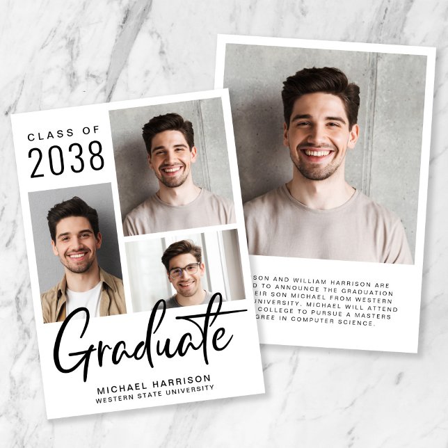 Faire-part Collage photo moderne Gras Script Graduation (A modern photo graduation announcement to celebrate the graduate's achievements)