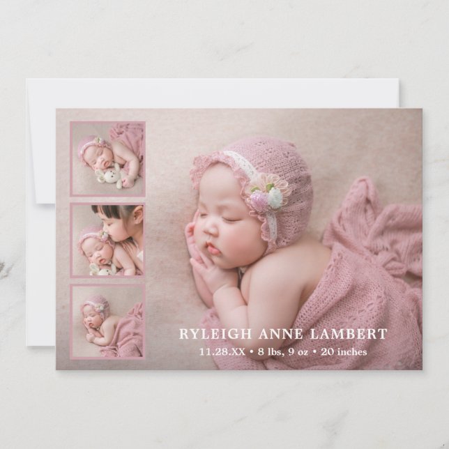 Faire-part Collage photo simple Naissance d'une fille rose (Devant)