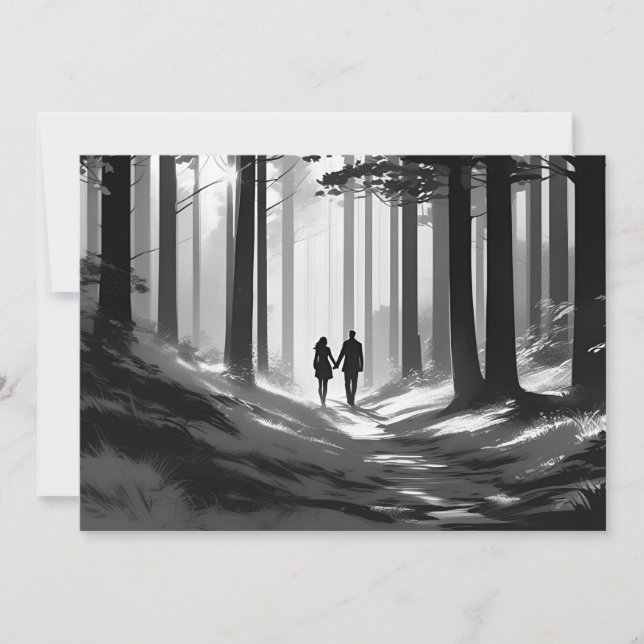 Faire-part Couple en silhouette romantique, promenade en forê (Devant)