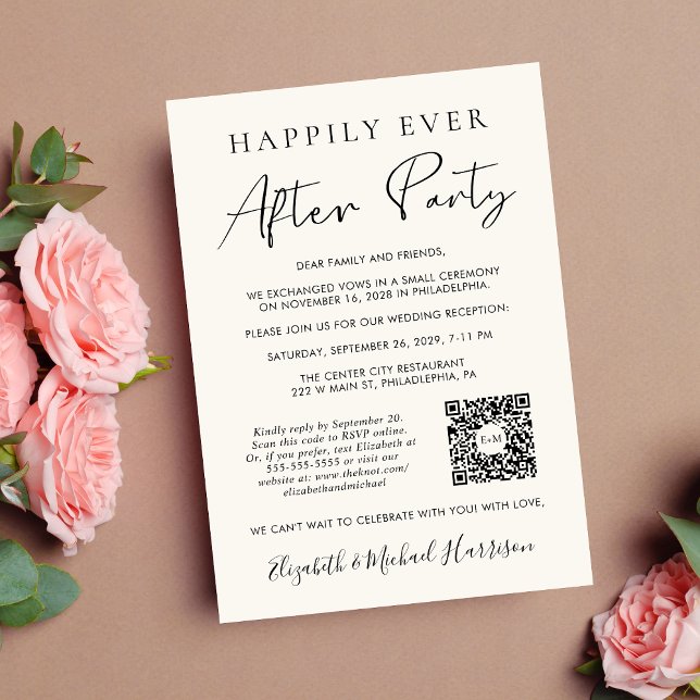 Faire-part Crème de code QR de photos de soirée pour toujours (Input you wedding website to automatically generate a scannable QR code)