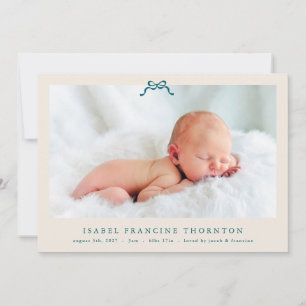 Faire-part crème simple bleu arc photo bébé
