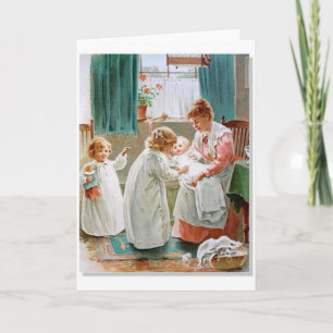 Faire-part Cru - soeurs aidant avec le nouveau bébé,