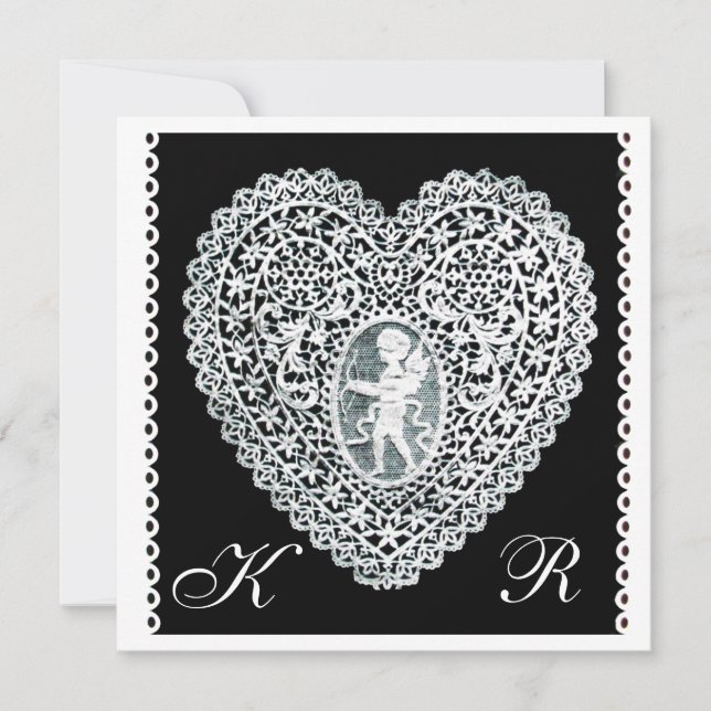 Faire-part CUPIDON DENTELLE COEUR MONOGRAMME papier métallisé (Devant)