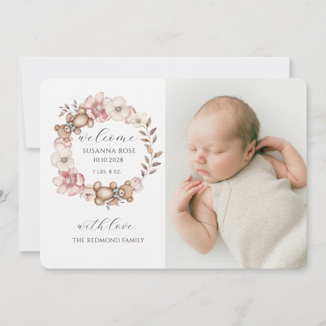 Faire-part Cute Baby Photo Teddy Bear Wreath Birth (Devant)