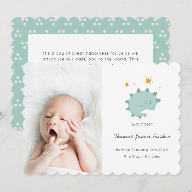 Faire-part Cute Blue Dinosaur Garçon Photo bébé naissance (Devant / Derrière)